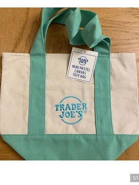 Trader Joe's Mini Pastel Canvas Tote Bag - Mint/White